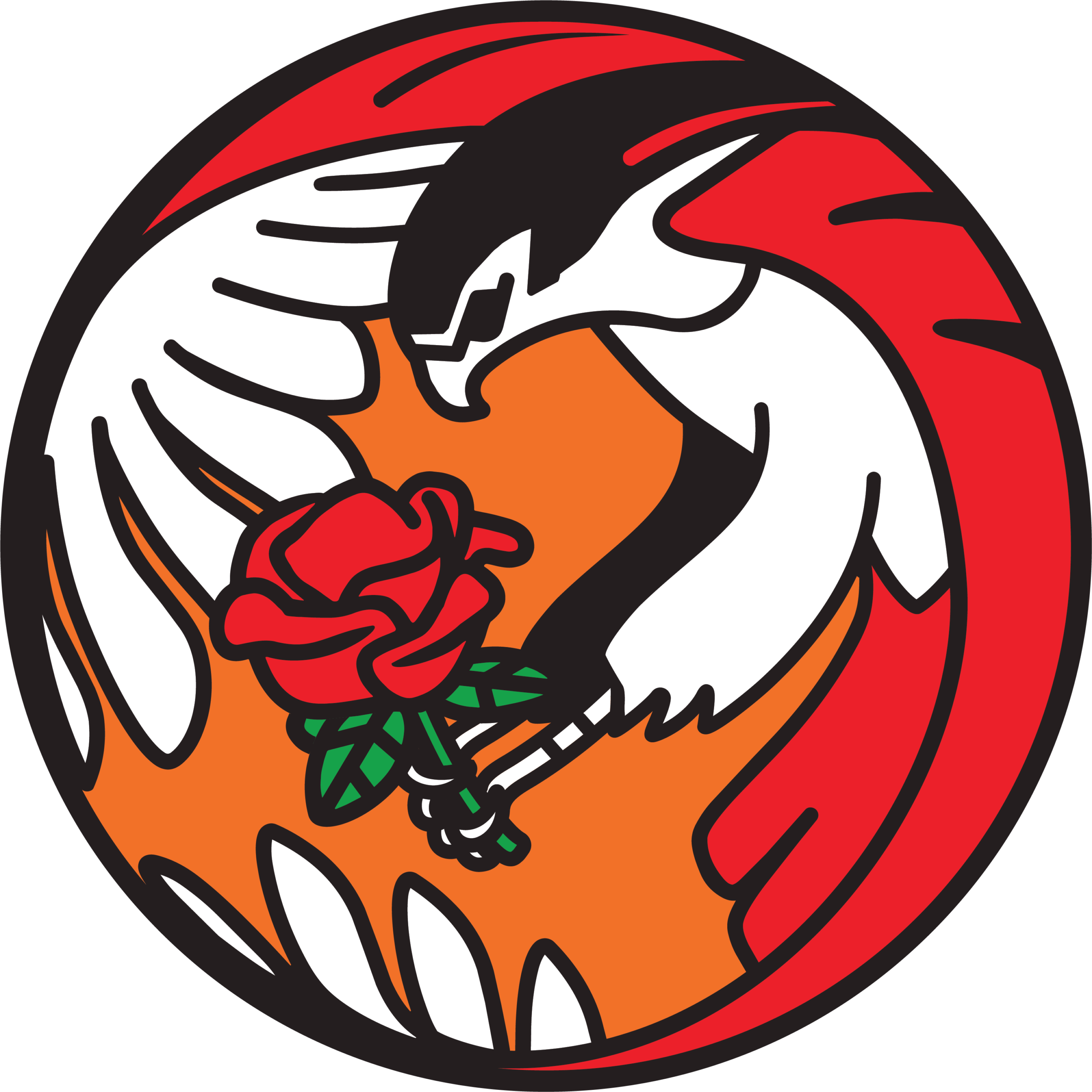 A red tailed hawk clutching a rose, silhouetted in an orange