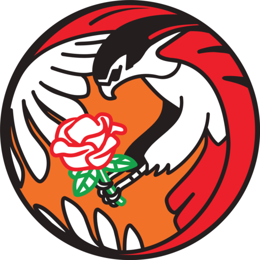 A red tailed hawk clutching a rose, silhouetted in an orange